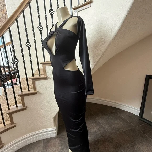 OH POLLY Black Cut Out Maxi Dress US 6 Sexy Bodycon Long Sleeve Evening Party - Picture 3 of 10